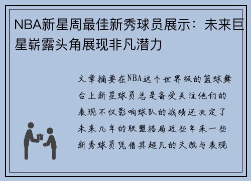 NBA新星周最佳新秀球员展示：未来巨星崭露头角展现非凡潜力