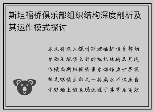 斯坦福桥俱乐部组织结构深度剖析及其运作模式探讨