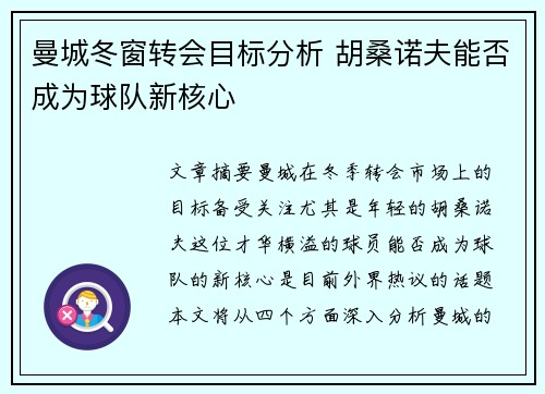 曼城冬窗转会目标分析 胡桑诺夫能否成为球队新核心