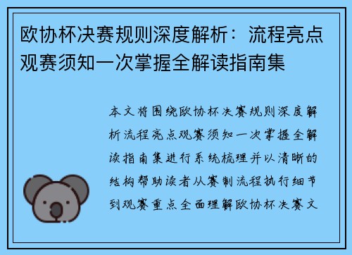 欧协杯决赛规则深度解析：流程亮点观赛须知一次掌握全解读指南集