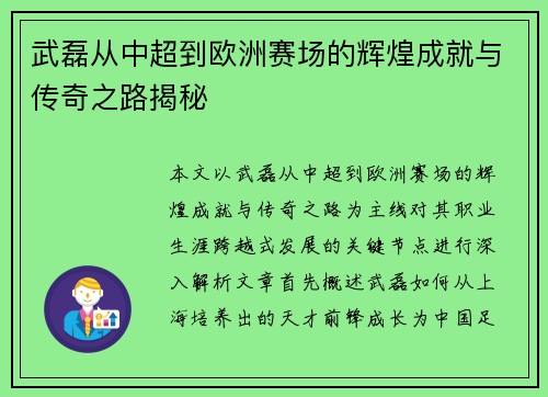 武磊从中超到欧洲赛场的辉煌成就与传奇之路揭秘