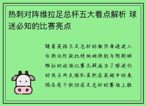 热刺对阵维拉足总杯五大看点解析 球迷必知的比赛亮点